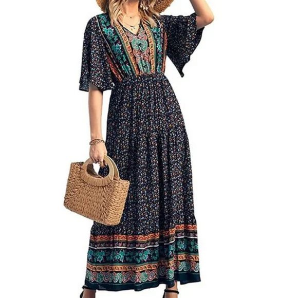 Prettygarden Dresses & Skirts - PRETTYGARDEN NAVY FLORAL PRINT MAXI DRESS SIZE MEDIUM